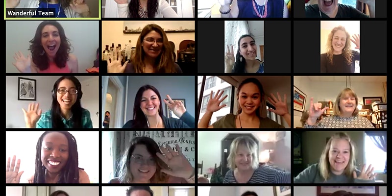 Lots of women on a zoom call waving.
